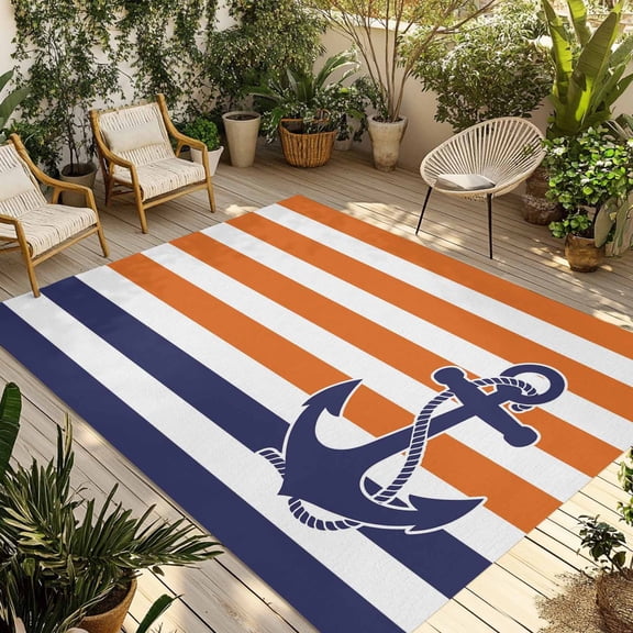 Orange Stripes Outdoor Area Rug 3x5ft Decorative Indoor Outdoor Rug Navy Blue Nautical Anchor Patio Area Rug for Porch, Deck, Balcony, Entryway, Camping & RV