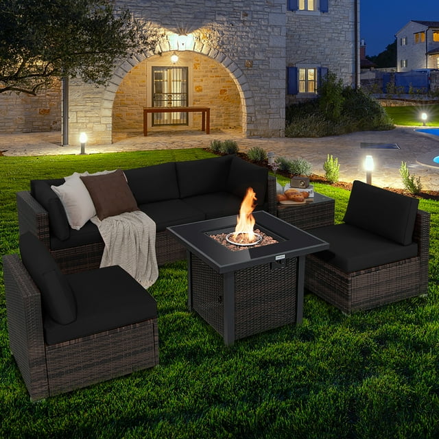 Costway 7PCS Patio Rattan Furniture Set Fire Pit Table Cover Glass Top Cushion Black
