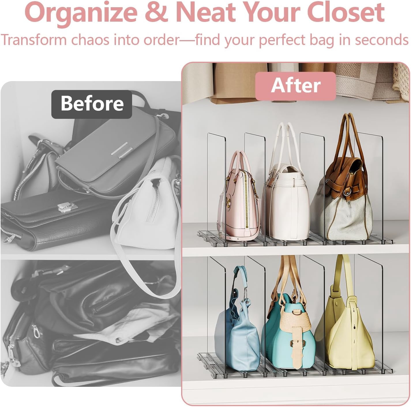 Yecaye 8-Pack Clear Purse Handbag Organizers, Adjustable Acrylic Shelf Dividers for Closet