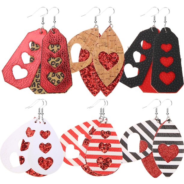 pares de pendientes para mujer, pendientes con forma de corazón, pendientes de lágrima para el día de San Valentín, pendientes de cuero para el día de San Valentín, pendientes colgantes