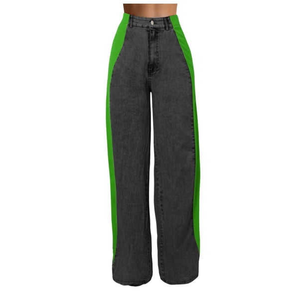 WILLBEST Pantalones Casuales para Mujer, Vaqueros elegantes con Rayas de Patchwork, Cintura Alta, Corte Holgado, Vaqueros con Bloques de Color, Pantalones Rectos de Pierna Ancha Grande