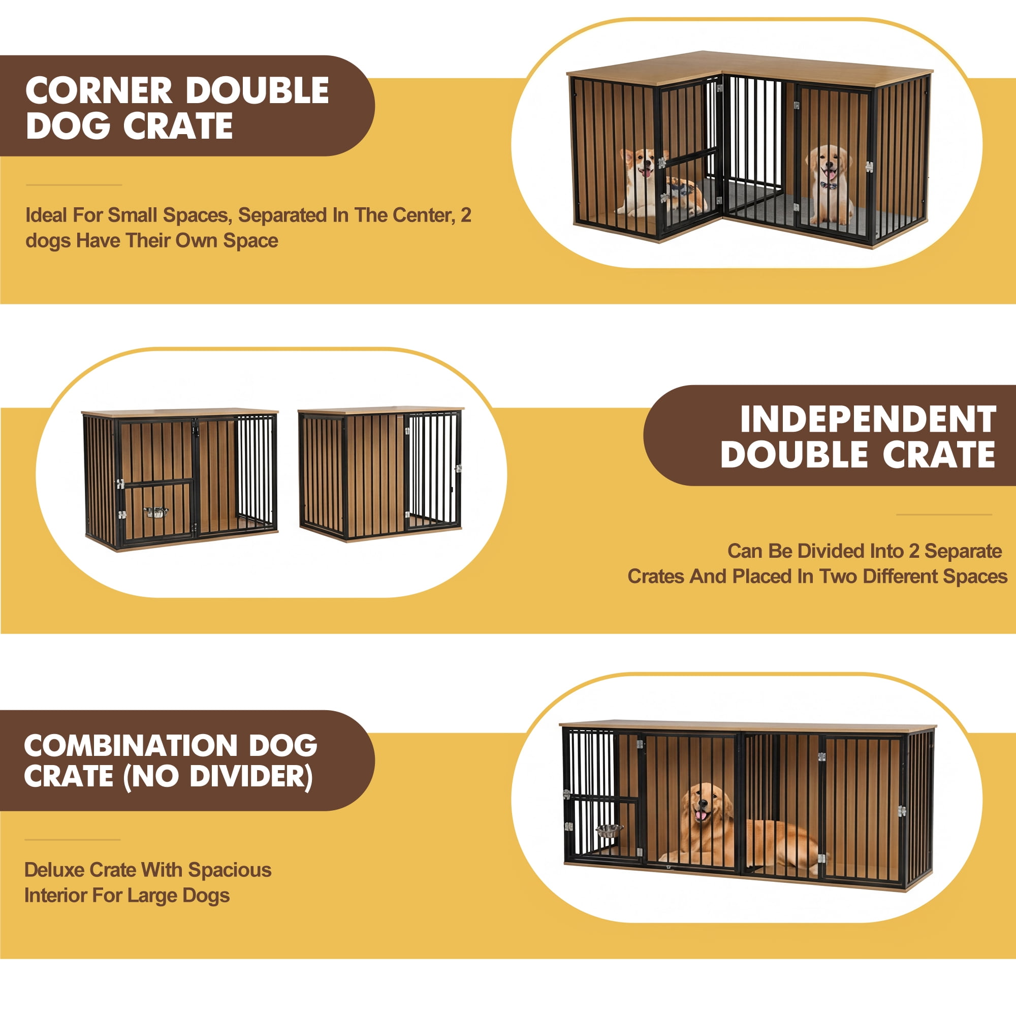 TPHORK Dog Crate Furniture for 2 Dogs, Corner Heavy Duty Double Dog Kennel Furniture with Divider, Indoor Wooden Dogs Crate Large Breed, Black