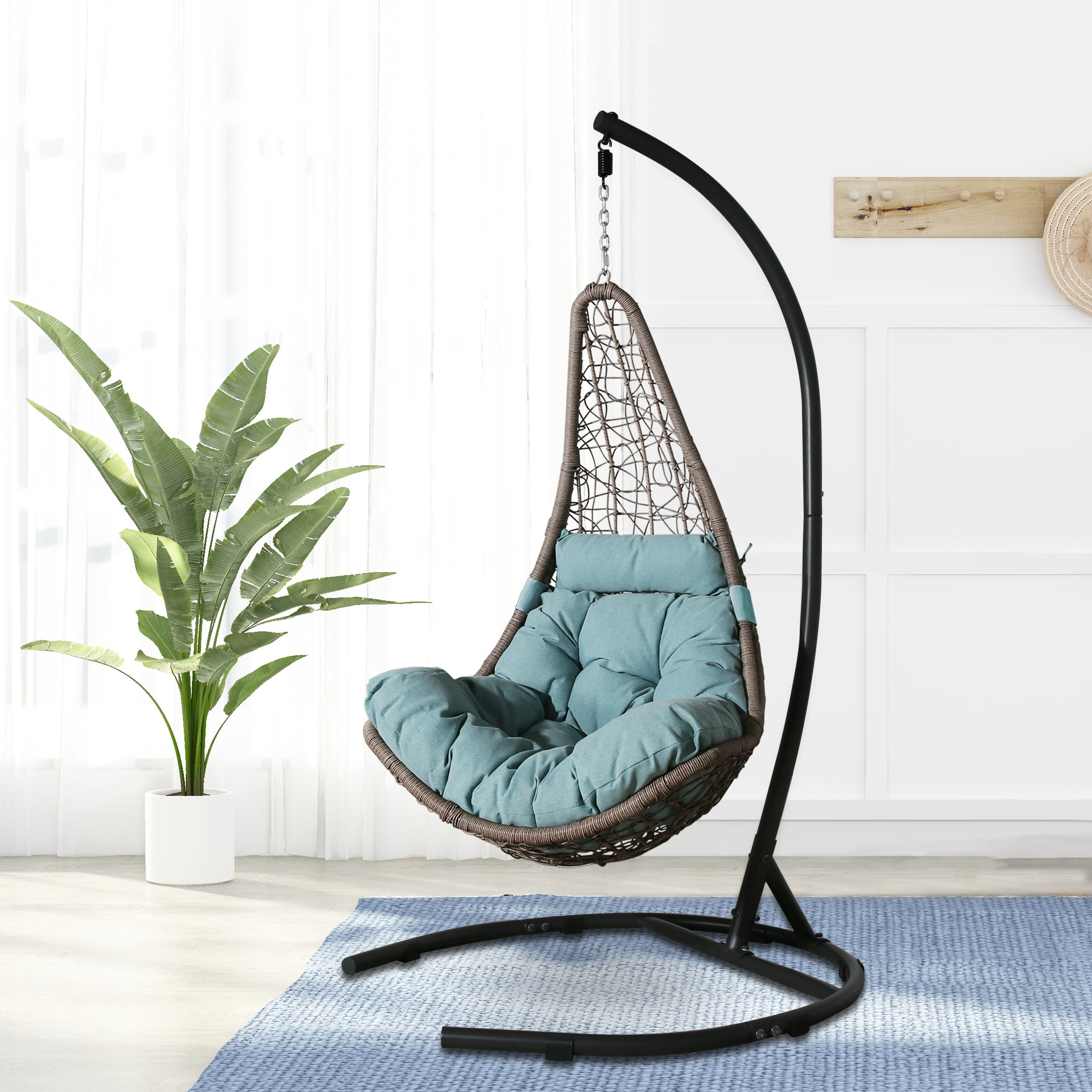 Ulax Furniture Indoor/Outdoor Wicker Hanging Basket Swing Chair, Hammock  Moon Chair with Stand(Blue)