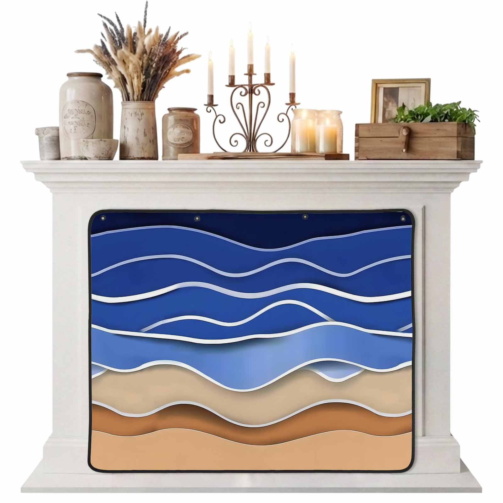 Magnetic Fireplace Cover Navy Blue Waves Fireplace Screen Abstract Water Lines Insulation Fireplace Blocker Blanket Save Energy Fireplace Draft Stopper Covers for Living Room 45x34