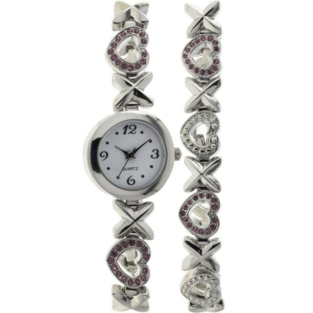 Women's Crystal Accented Round Silver-Tone Watch and Heart Bracelet Set ...