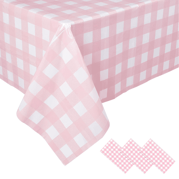 3 Pack Pink Gingham Tablecloth, 54" x 108" Disposable Plastic Rectangle Table Cover, Waterproof Pink and White Checkered Tablecloth for Picnic, Birthday Party Supplies