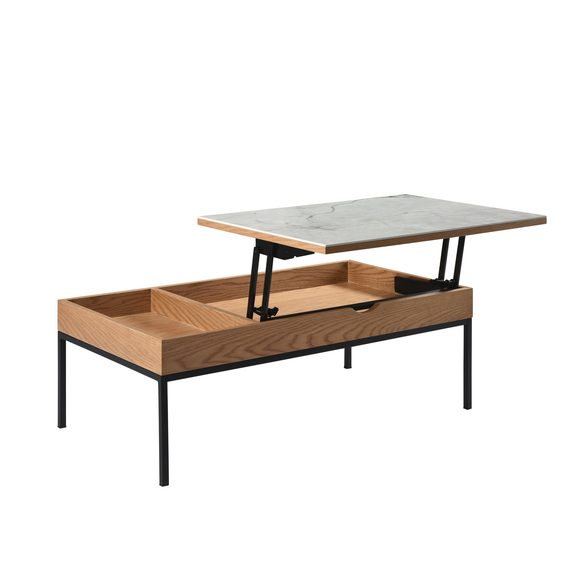 Reba Transitional Rectangular Lift-Top Coffee Table in Natural Finish with Sintered Stone Panel