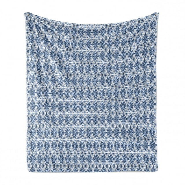 Blue and White Soft Flannel Fleece Throw Blanket, Abstract Tie Dye Effect Ikat Shibori Pattern in Bohemian Fashion, Cozy Plush for Indoor and Outdoor Use, 50" x 60", Navy Blue and White, by Ambesonne