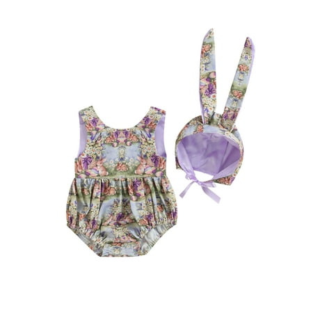 

2Pcs Infant Newborn Baby Girls Easter Casual Romper Sleeveless Floral Print Bunny Ear Playsuit with Cartoon Hat Streetwear