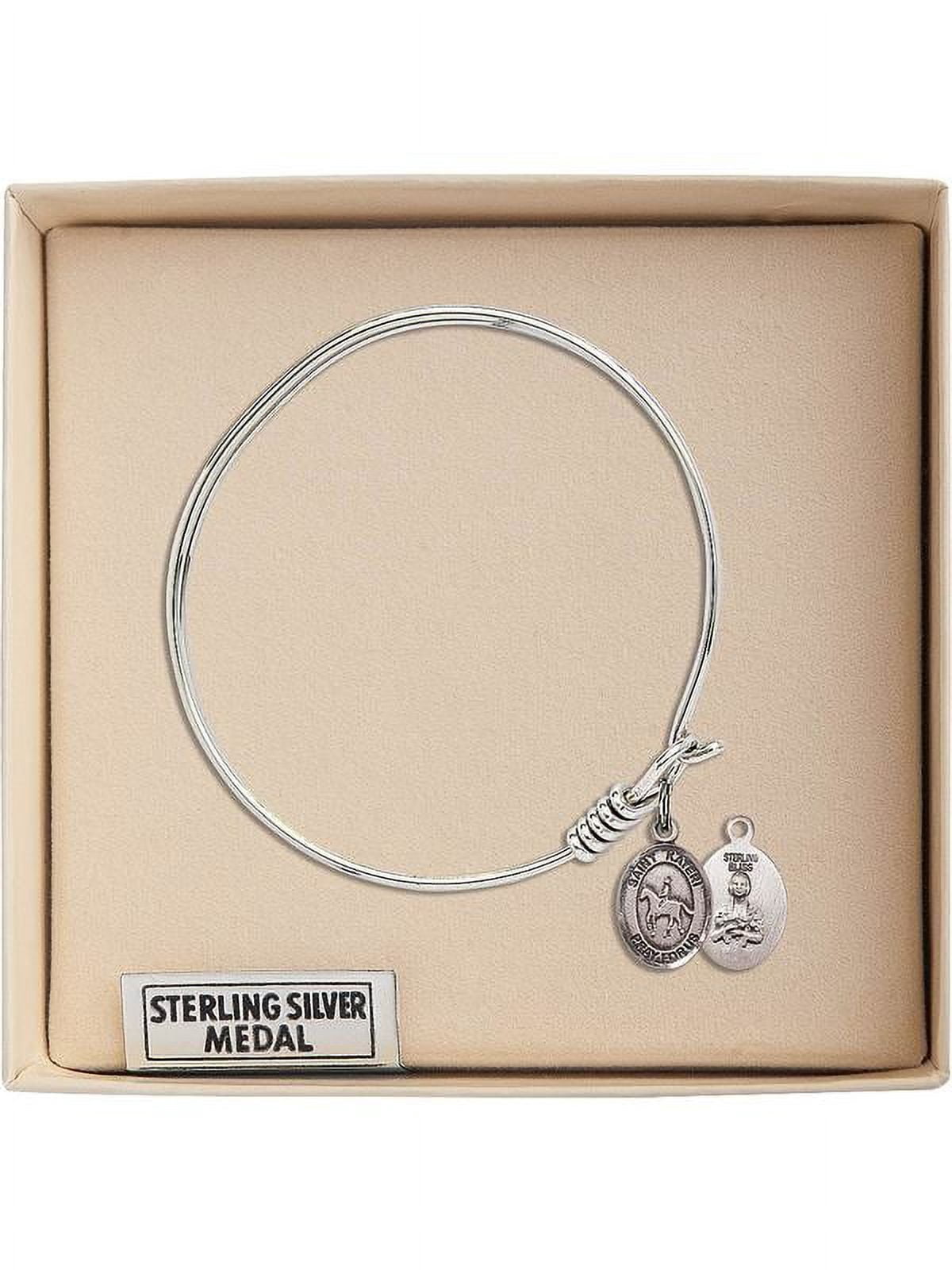 6 1/4 inch Round Eye Hook Bangle Bracelet w/ St. Kateri/Equestrian in Sterling Silver