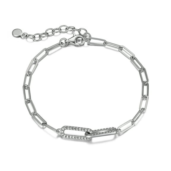 Forever Facets CZ Oval Link Paperclip Bracelet Set in Sterling Silver, 6.75"   1.25" Extender