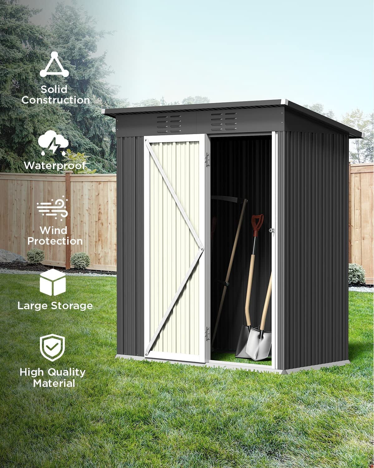 5×3 FT Outdoor Storage Shed,Lofka Steel Garden Shed with Lockable Door and Sloping Roof for Backyard,Patio,Lawn,Poolside, Gray