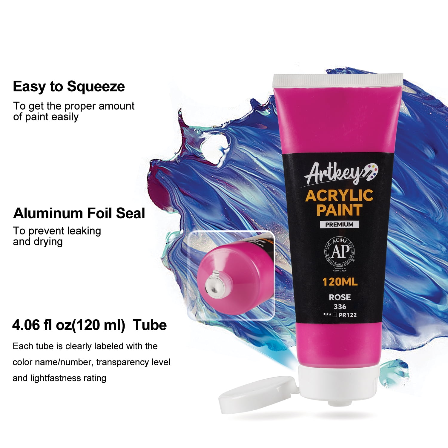 Artkey Acrylic Paint - Rose (120 ml/4.06 oz) Tubes, Rich & Vibrant Pigments, Professional Artists Acrylic Paints - Art Supplies for Canvas Wood Rock Clay Fabric Ceramics Art Crafts Painting