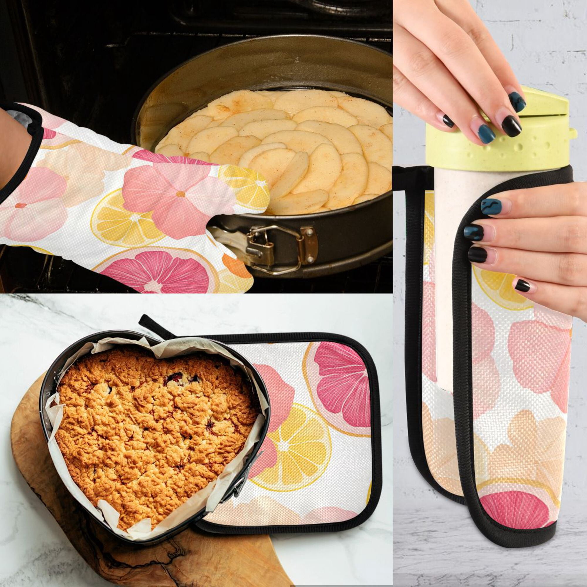 Yayeee Oven Mitts and Pot Holder Set of 2 Heat Resistant Kitchen Gloves Baking Hot Pad, Pink Floral Orange