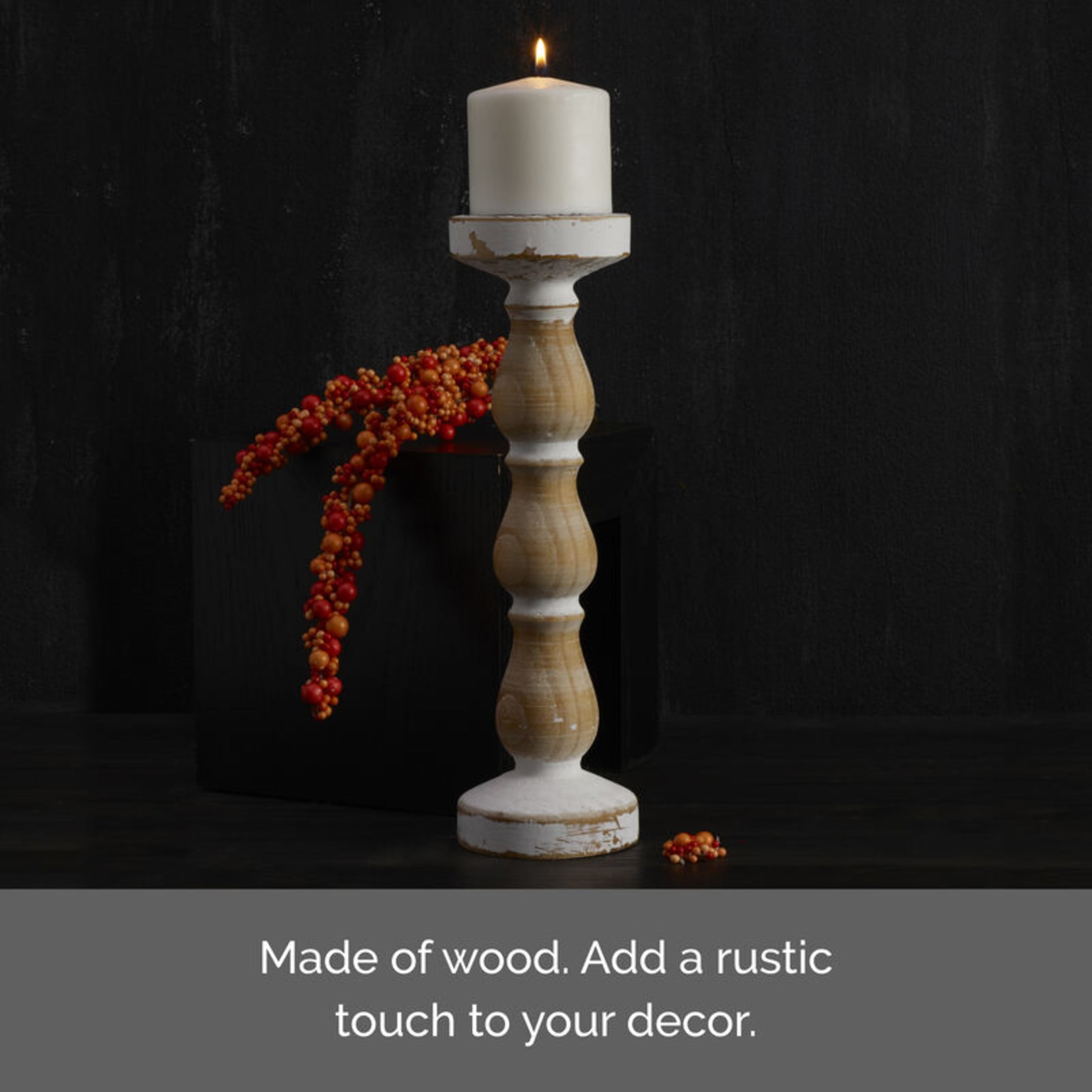 Elements 14 inch Wood Candleholder, White