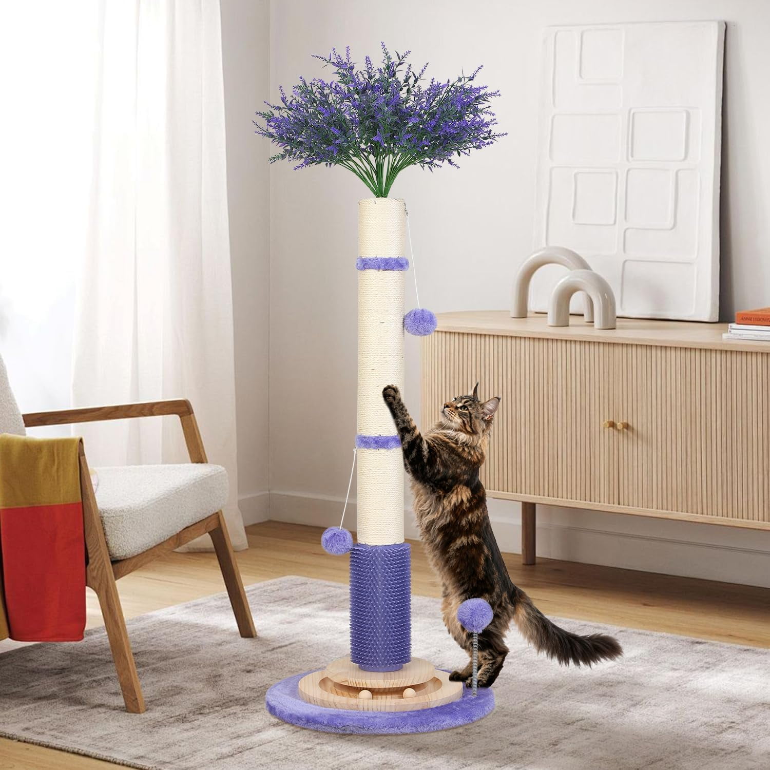 Gothic Black Cat Scratching Post with Sisal Rope, Interactive Ball Toys, and Self-Groomer Brush for Large Indoor Cats