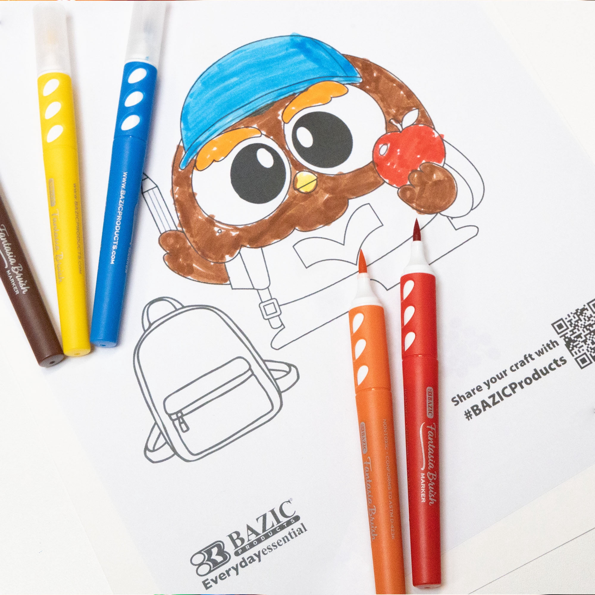 BAZIC Brush Markers 12 Classic Colors, Fine Line Washable Coloring Marker (12/Pack), 72-Packs