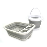 SAMMART 2pcs Kitchen & Outdoor Set : Collapsible Dish Drainer with Drainer Board & Collapsible Plastic Bucket