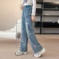 thumbnail image 5 of Gibobby Girls Jeans Baggy Wide Leg Cute Teen Denim Pants Junior Mid Rise Elastic Band with Pockets Casual Clothes Stretch Denim Overalls for Toddler Girls(Blue,8-9 Years), 5 of 9