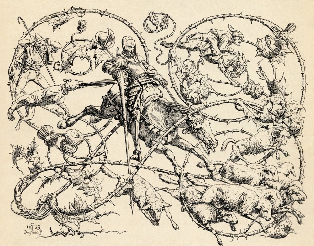 Don Quixote Fighting The Herd Of Sheep Mistaking Them For Two Armies From Don Quixote De La Mancha By Miguel De Cervantes Saavedra From Die Gartenlaube Published 1905 Canvas Art - Ken Welsh Design Pi