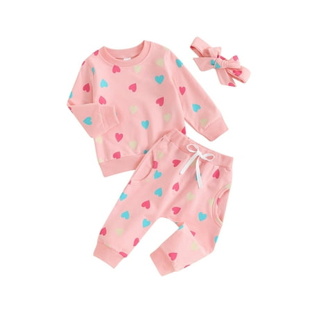 

Emmababy Girls Long Sleeve Crewneck Sweatshirt Heart Print Pants Headband Sets