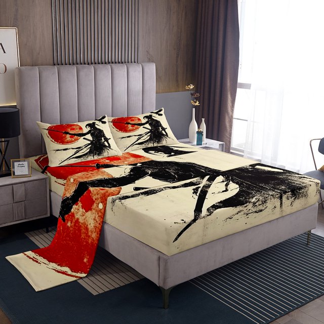 Erosebridal Woman Samurai Sheet Set King, Red Moon Bedding Sets King Size, Japanese Anime Decor 4pcs