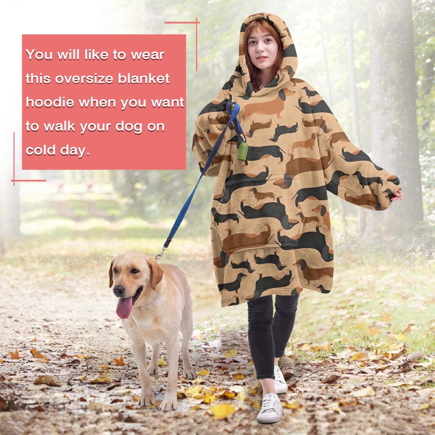 Retro Style Dachshunds Wearable Oversized Blanket,Wearable Blanket Hoodie for Adults,Cozy Hooded Blankets with Super Pockets,Super Warm Fuzzy Pullover for Women & Men