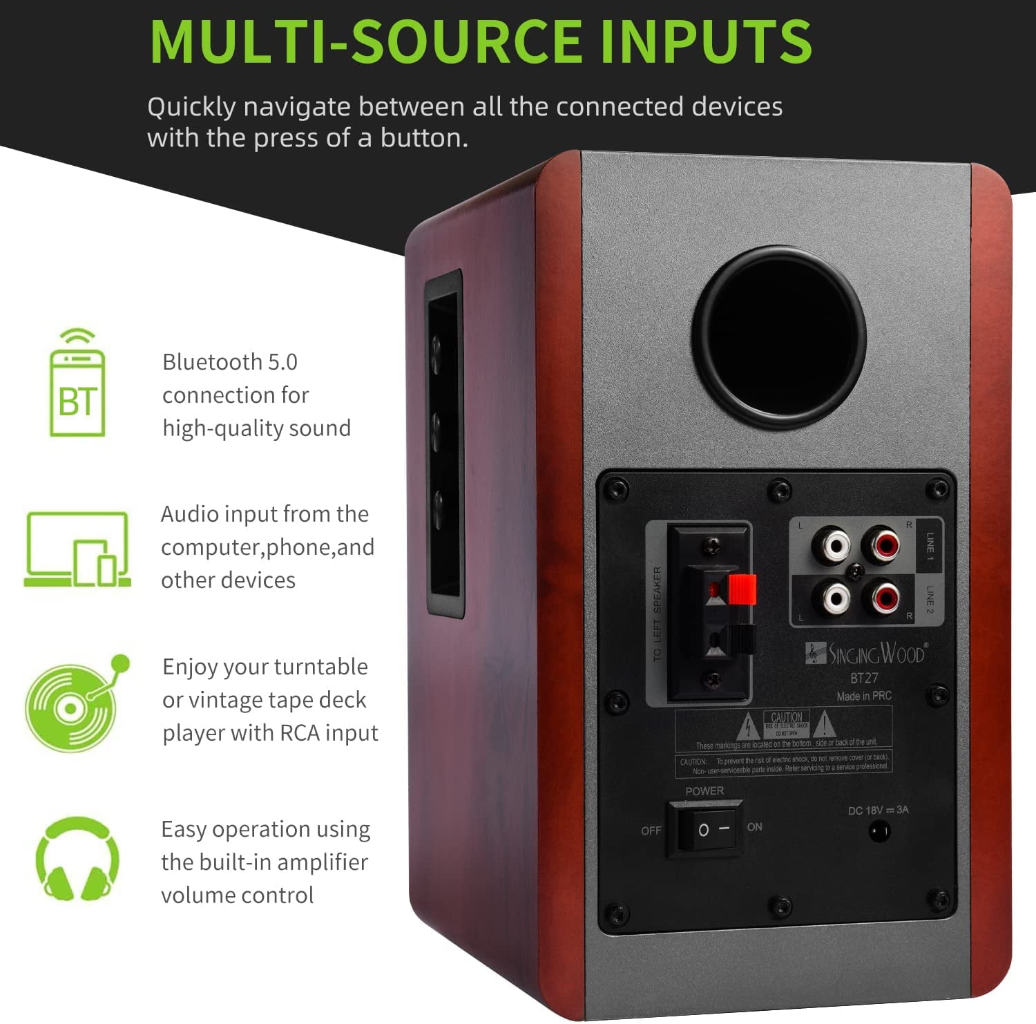 Singing Wood BT27 54 Watts Powered Bluetooth Bookshelf Speaker for Home, Studio Monitor, etc. - Walnut Wood Finish