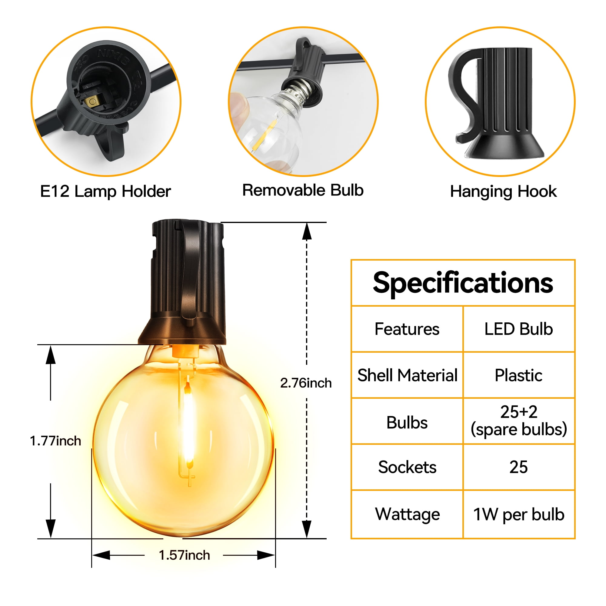 Ollny 50FT LED String Lights Outdoor, Waterproof Patio LED Lights with 27 G40 Edison Bulbs, Warm-white Outside Lights for Garden Bistro Backyard