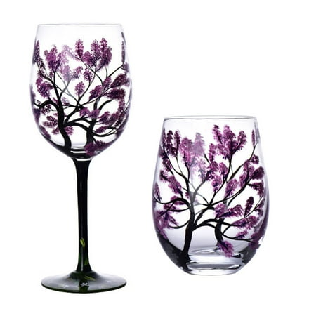 Wine Glasses Four Tree Painted Glasses Art Wine Glass Cup for Wine Lovers Large Glass Drinkware Glassware Gift