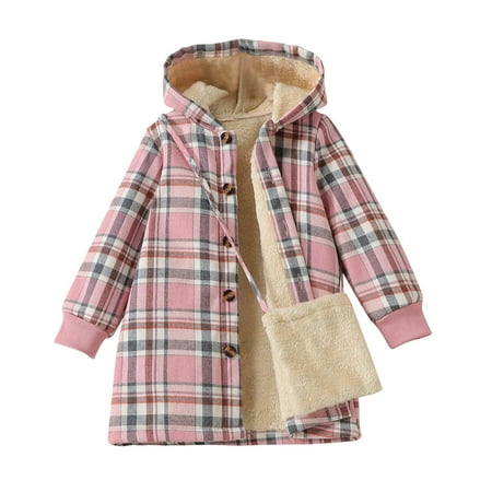 Yuzhih Baby Girls Hooded Plaid Shirt Jacket with Crossbody Bag Fleece Lined Button down Outwear Fall Winter for Toddler