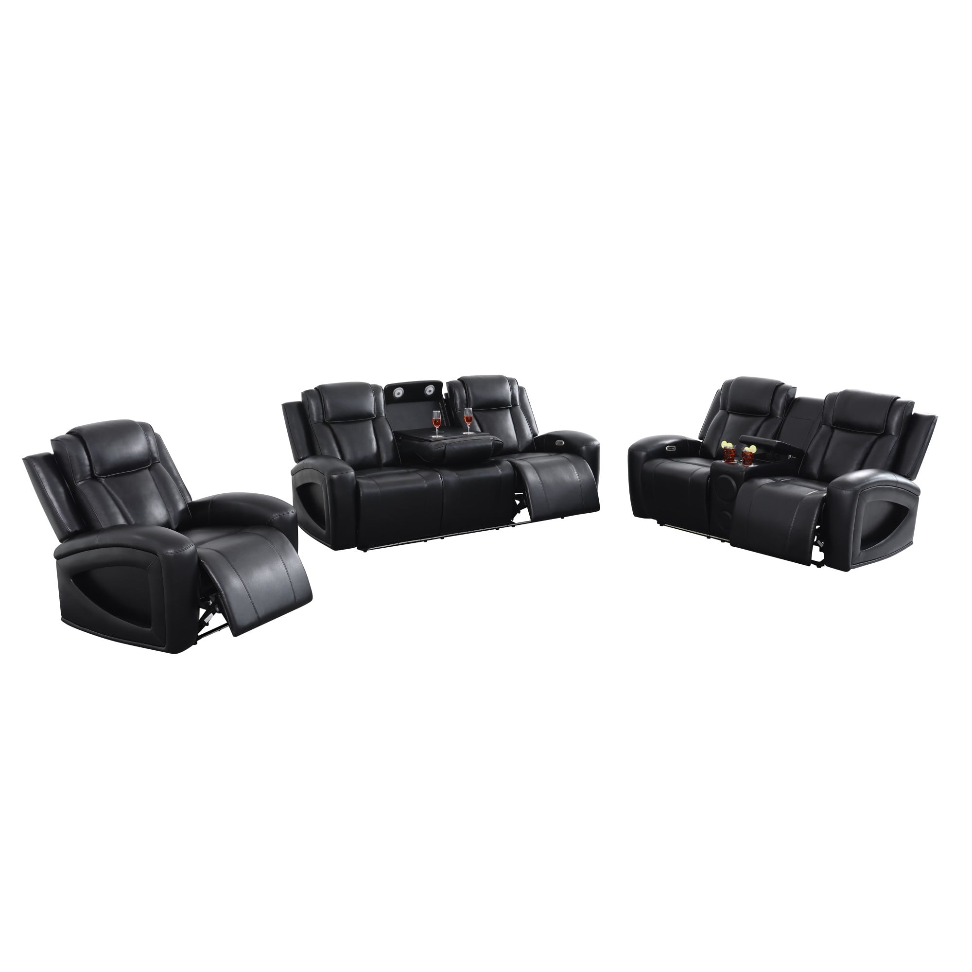 Gewnee 1+2+3 Piece Recliner Sofa Set, Air Leather Smart Sofa with Wireless Charging, Bluetooth Speaker, LED Light, Cup Holders & Storage, Adjustable Recline for Living Room, Black