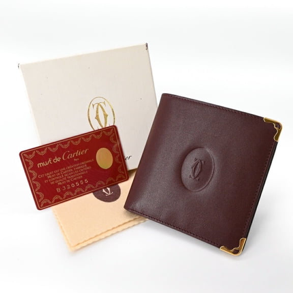 Pre-Owned Cartier Must Line Bifold Wallet, Compact, Bordeaux and Red Leather with...