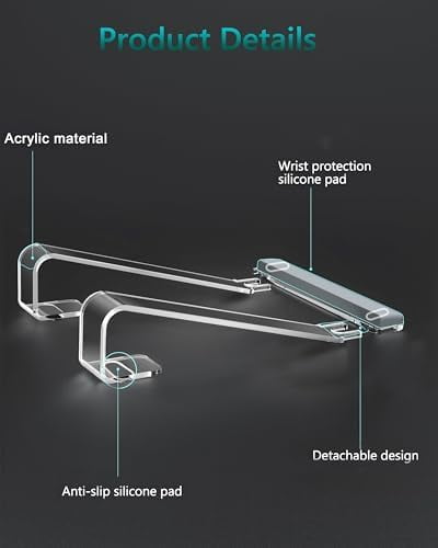 Clear Acrylic Laptop Stand for Desk, with Wrist Rest, Ergonomic Detachable Mount Compatible with 10-17'' All Laptops Such as MacBook Air Pro/HP/Dell/Lenovo