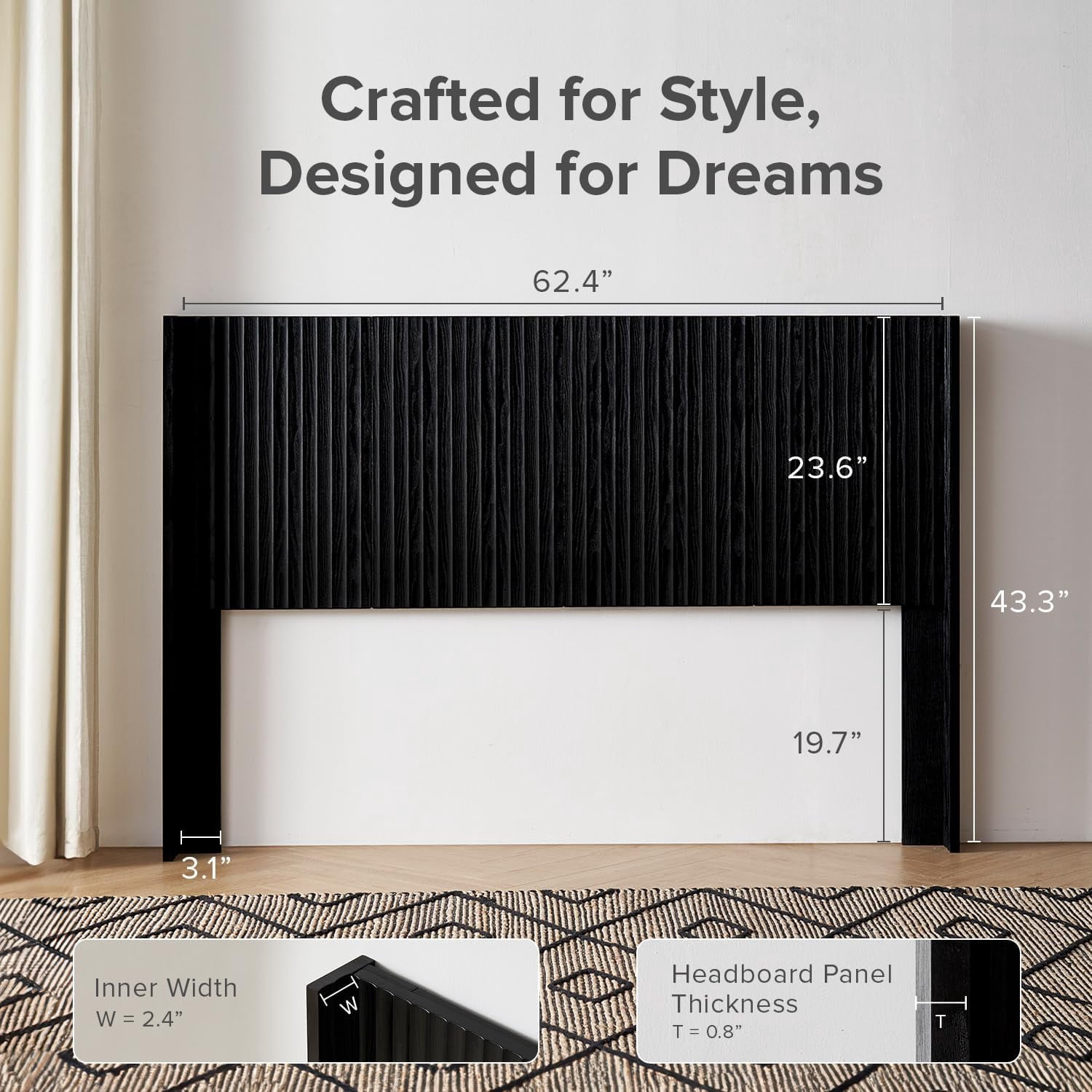 mopio Brooklyn Black Headboard, Queen Size, 62.4
