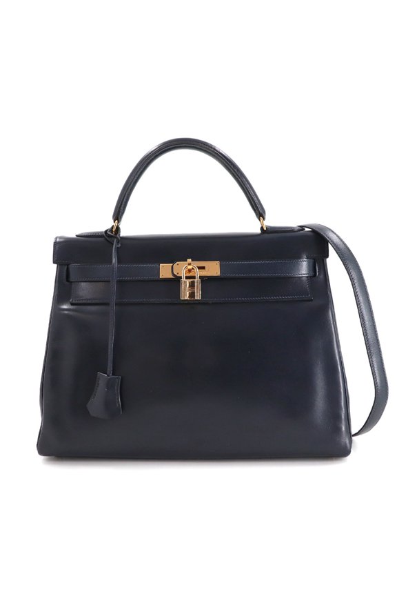 Pre-Owned Hermes Herms Kelly 32, navy box calf leather, 2-way handbag, inner stitching, U...