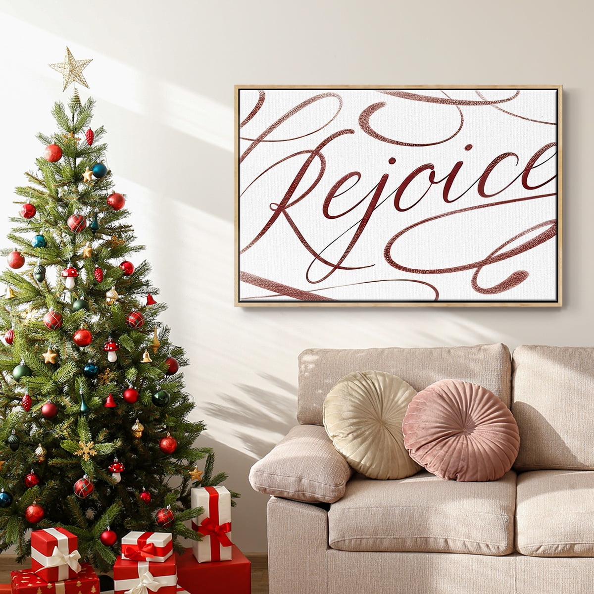 Rejoice - Framed Gallery Wrapped Holiday Canvas - 25 x 37 - Natural Wood Frame