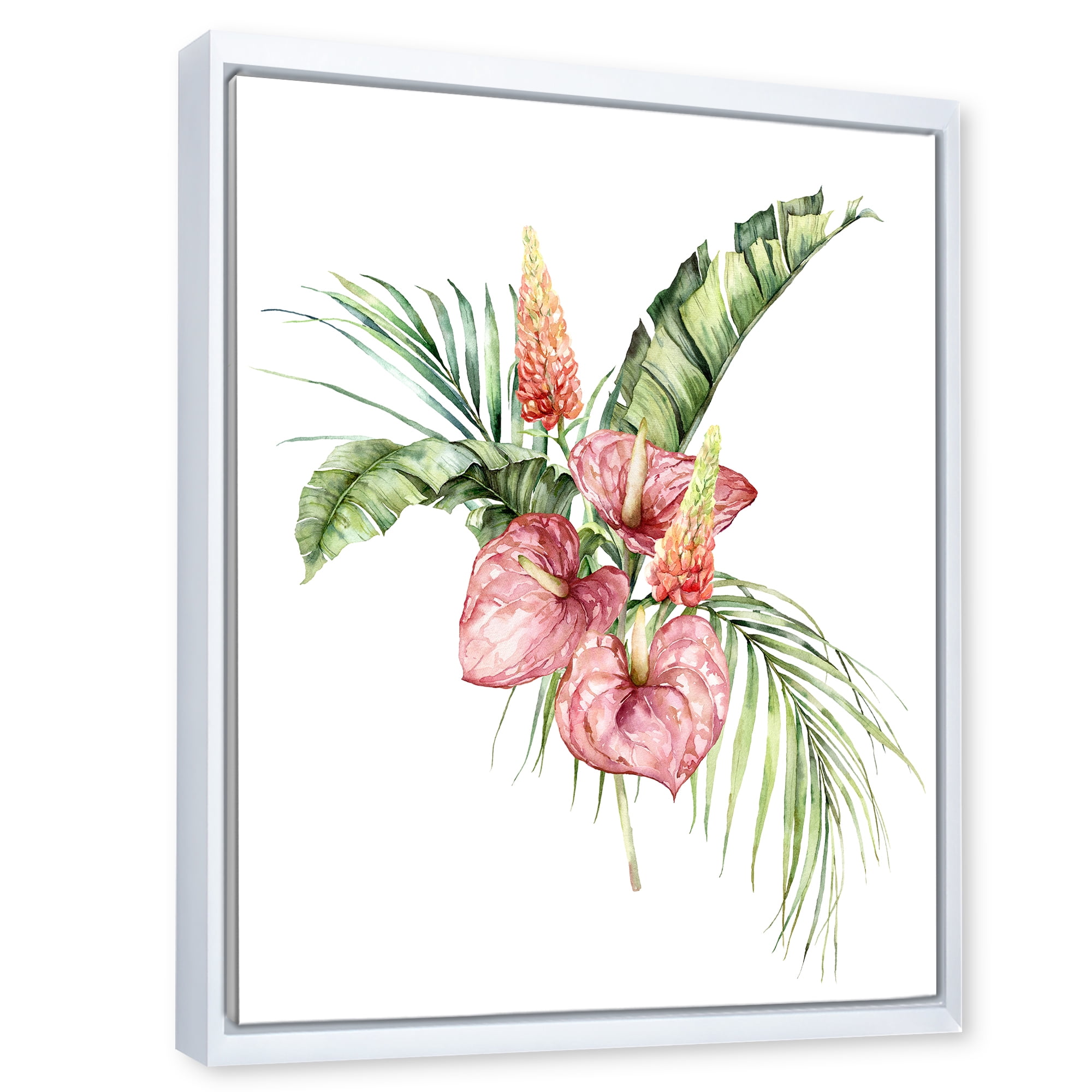 Designart 'Tropical Bouquet With Anthurium Lupine and Leaves On White II' Traditional Framed Canvas Wall Art Print