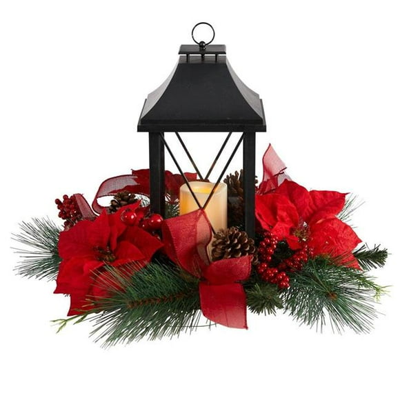 15 in. Lantern & Included LED Candle Artificial Table Christmas Arrangement with Holiday Poinsettia, Pinecone & Greenery