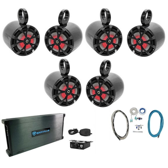 (6) Rockville RKL65MBW 6.5" Marine Boat Wakeboard Tower Speakers w/LED Amplifier