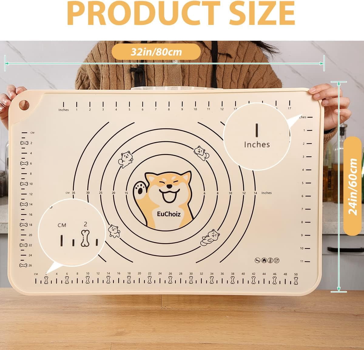 EuChoiz Silicone Pastry Mat 32" x 24" Non Stick Baking Mat Food Grade Silicone Rolling Dough Mat