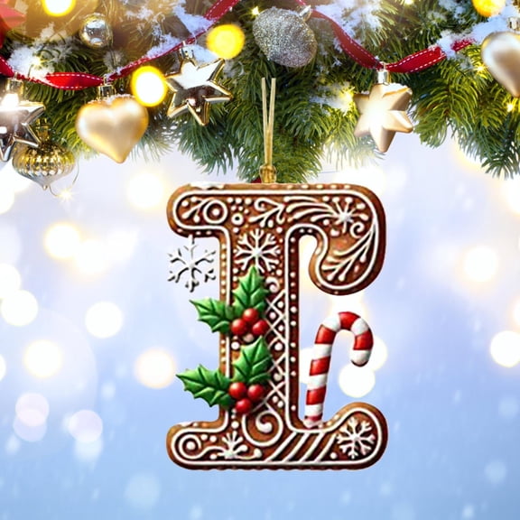 Personalized Christmas Letter I Ornament, DIY Gingerbread Acrylic Alphabet Decoration with Holly and Candy Cane, Hanging Tree Gift Tag for Party