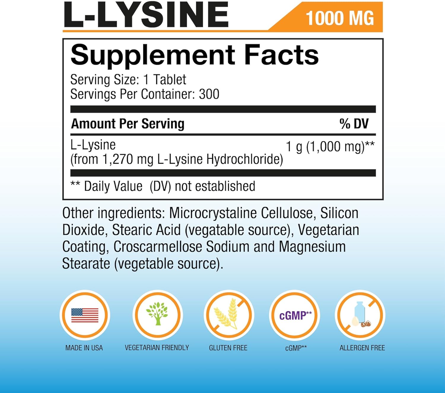 Puregen Labs L-Lysine Extra Strength 1000 MG per Tablet - 300 Servings | High Potency, Immune and Collagen Synthesis Support, Non-GMO, NO Gluten and Dairy - 300 Tablets - Made in USA – 1PK