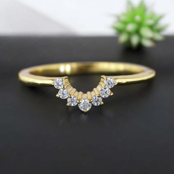 CZ Diamond Proposal Band V Shape Curved Bridal Wedding Jewelry Delicate Yellow Gold Engagement Band Anniversary Gift For Wife