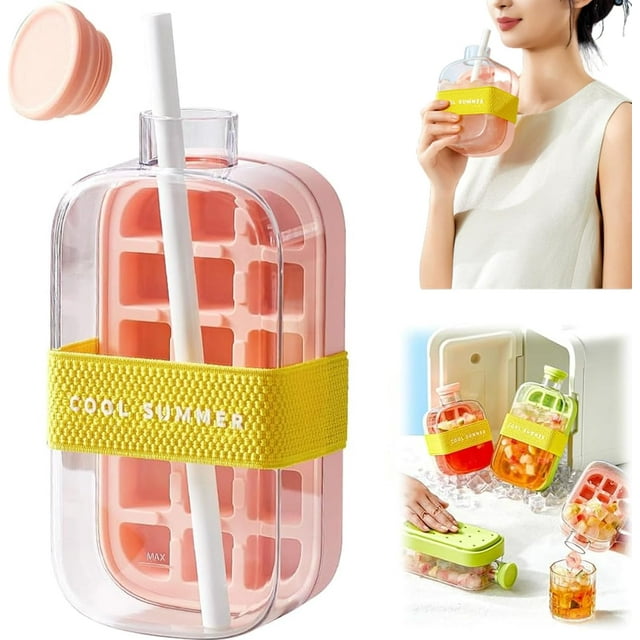 Ice Cube Bottle, 2 in 1 Touch-Free Ice Cube Tray Water Bottle with Lid and Bin, Ice Cube Making Bottle with Straw & Strap, Perfect for Coffee, Juice, and Beverages (White,500ml)