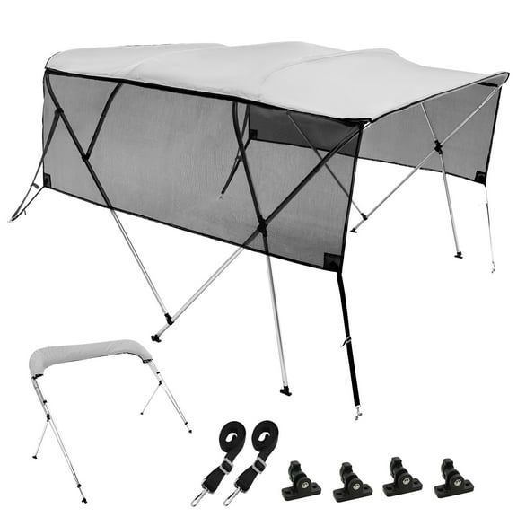 KFFKFF 4 Bow Bimini Boat Cover, Removable Mesh Sides, 600D Polyester Shade, 1" Aluminum Frame, Comes with Storage Case, Two Straps, Support Rods, 8ft Long x 54in High x 85-90in Wide, Light Grey
