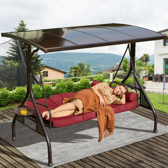 3-Seat Patio Porch Swing with Adjustable Hardtop,3 in 1 Convertible Outdoor Porch Swing for Adults,Patio Swing with Thicken Cushion,Pillows & Cup Holders for Porch,Backyard,Garden (Wine Red)