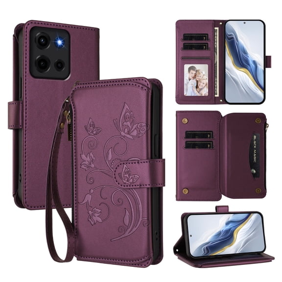 Dteck Wallet Crossbody Strap Case for Moto G Power (2025),Magnetic Leather TPU Card Slots Zipper Wallet Case Shockproof Kickstand Cover with Detachable Wrist Strap / Shoulder Strap,Darkpurple