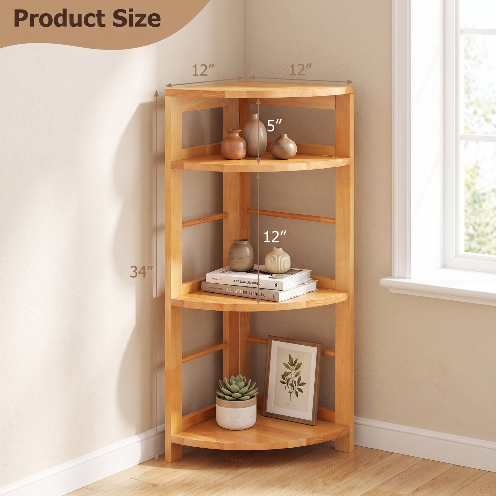 Furnibear 4-Tier Corner Shelf with Rubber Wood Frame and Anti-Toppling Kit for Living Room Home Office Bedroom Display Storage Shelf, Natural