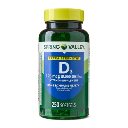 Spring Valley Extra Strength Vitamin D3 Supplement Softgels for Bone and Immune Health  125 mcg (5000 IU)  250 Count